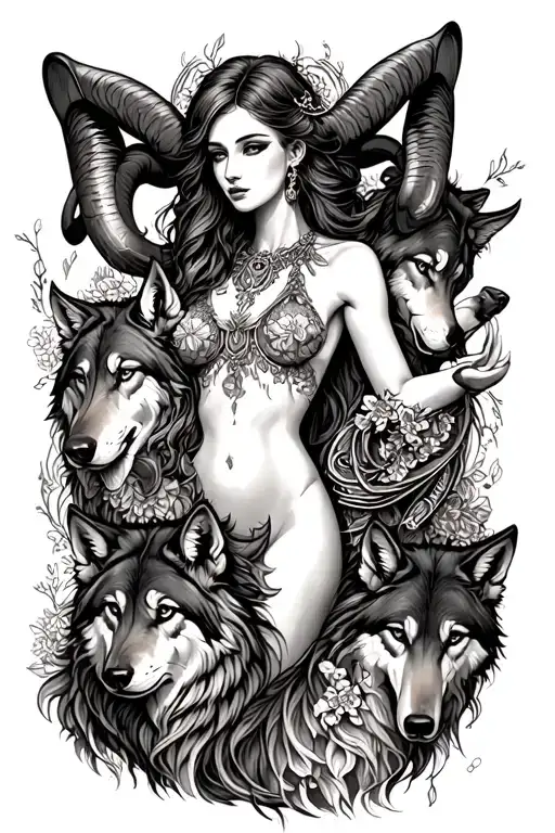 Aries Sexy Goddess Surrounded By Wolfs