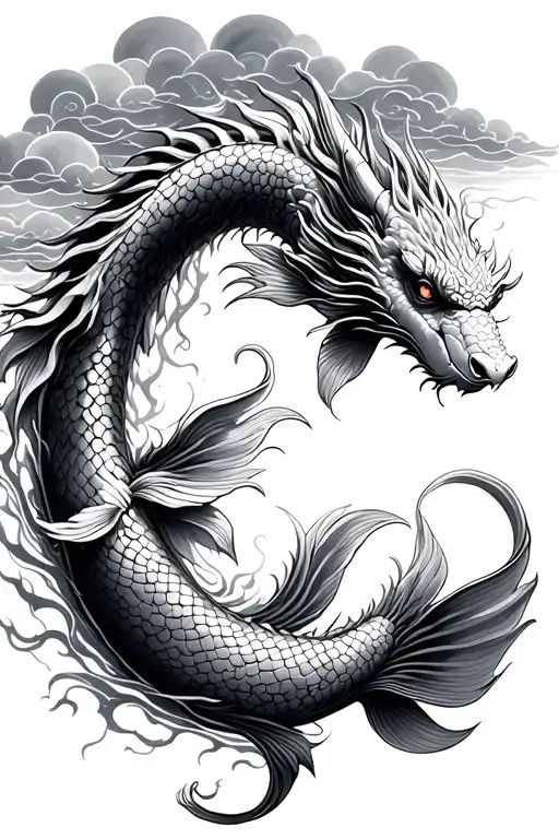 Koi Fish Dragon Clouds Tree Of Life Intertwined