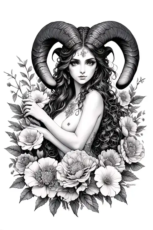 Aries Sexy Goddess Surrounded By Poeny Flowers Intertwined