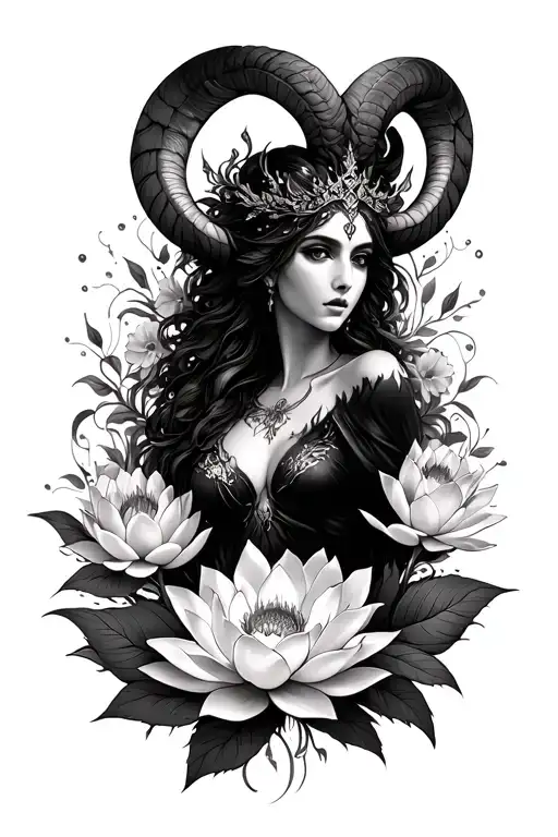 Aries Sexy Goddess Surrounded By Lotus And Poeny Flowers Intertwined