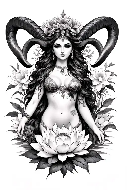 Aries Sexy Goddess Surrounded By Poeny And Lotus Flowers Symbolizing