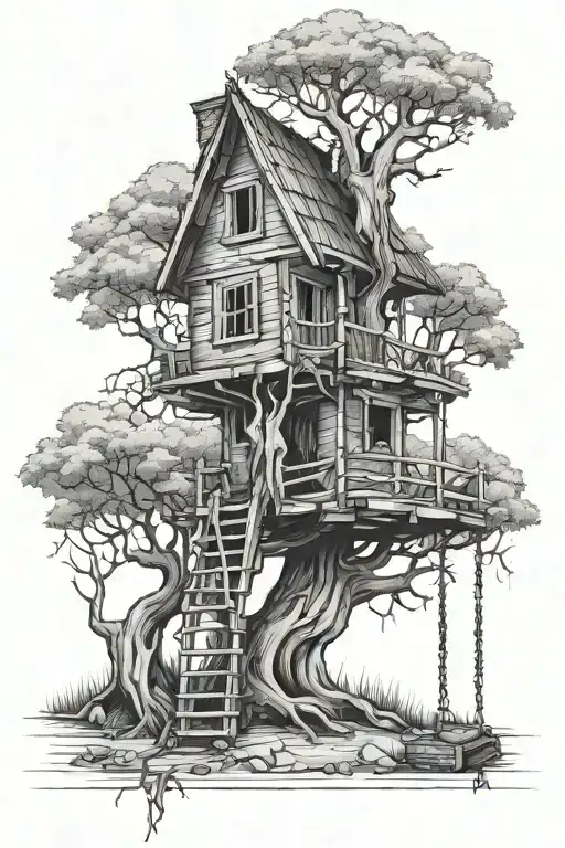 Dilapidated Tree House In A Dead Tree With A Broken Swing