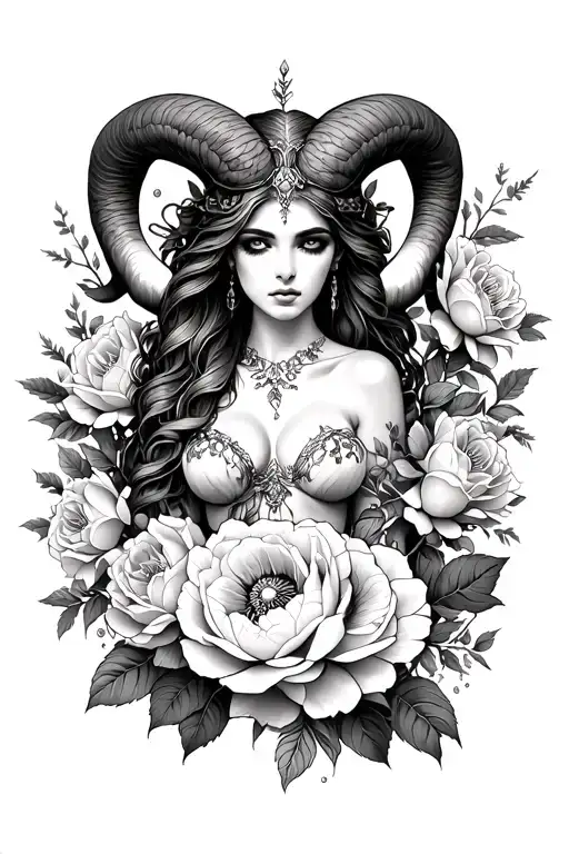 Aries Sexy Goddess Surrounded By Roses And Peony Flowers Growing Intertwining