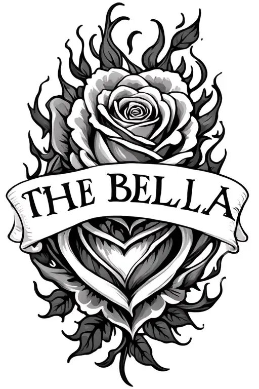 The Name Bella Through Flaming Rose Intertwined Hearts