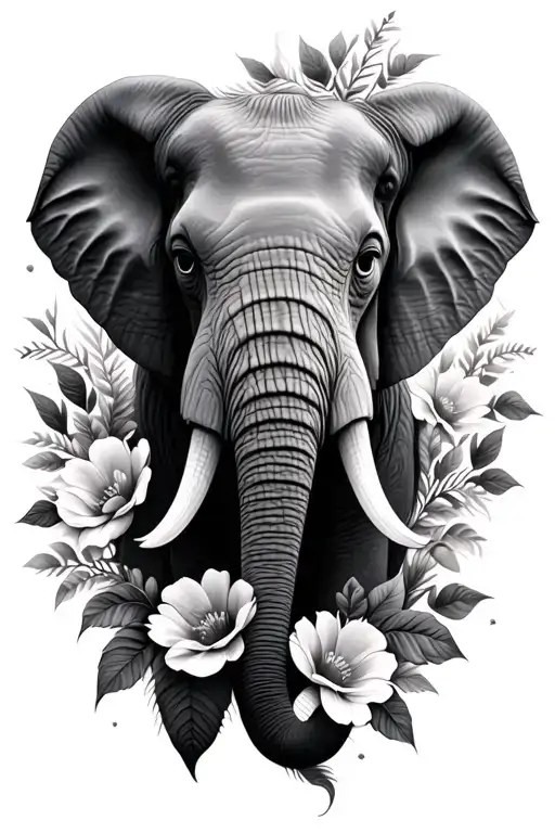 Realistic Elephant Head With Flowers Intertwined