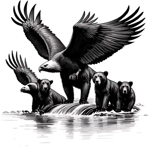 Mummy Bear And 3 Cubs River Flowing Eagle Soaring