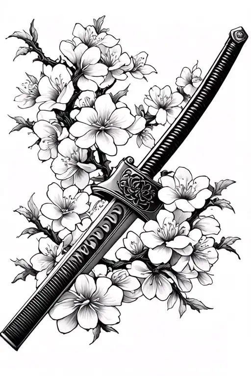 Katana With Cherry Blossoms Surrounding The Katana