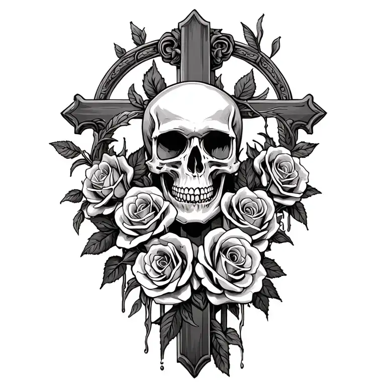 Skull And Roses Surrounding A Cross