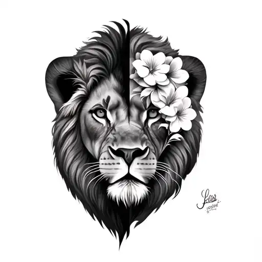 Realistic Lion Face With Flowers As Half The Face