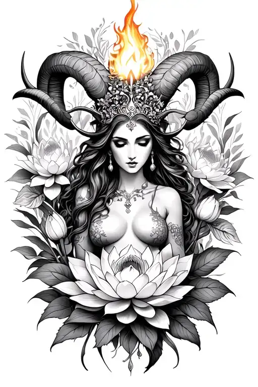Aries Sexy Goddess Surrounded By Poeny And Lotus Flowers Holding Fire