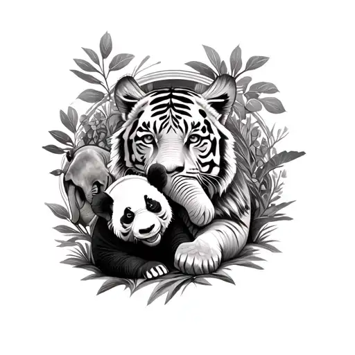 Panda And Elephant With Tiger Surrounded