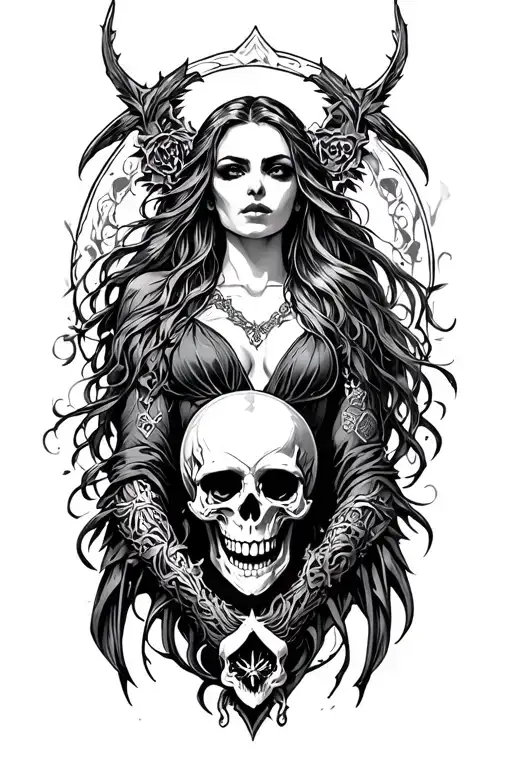 The Irish Goddess Morrigan With Skulls