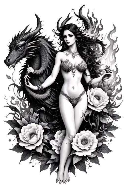 Aries Sexy Goddess Surrounded By Poeny Flowers And Dragons Holding Fire