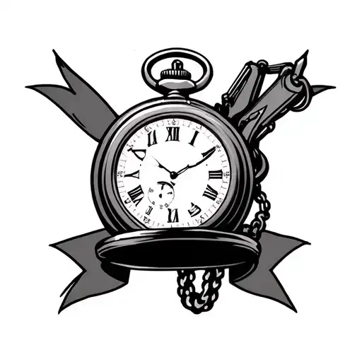 Pocket Watch With Excavator As Background And Two Ribbon Banners