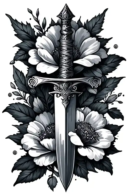 Dagger And Flowers Blooming With A Quate