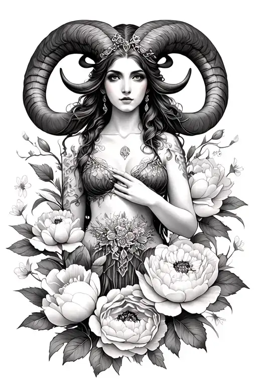 Aries Sexy Goddess Surrounded By Peony And Cherry Blossom Flowers Growing