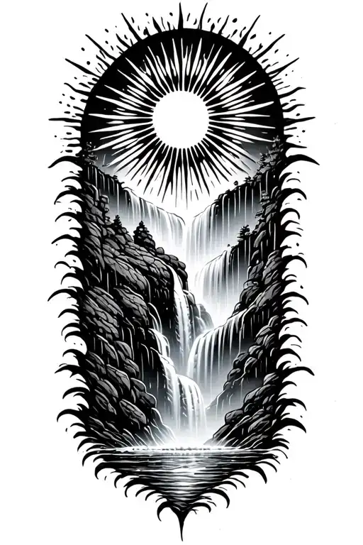 A Sun Melting Into A Waterfall That Turns Into Rain Drops