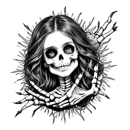 Skeleton Hand With Girl Face Surrounded