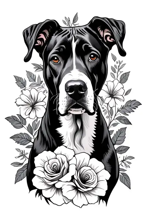 Great Dane White And Black Surrounded By Roses Mayflowers Hibiscus