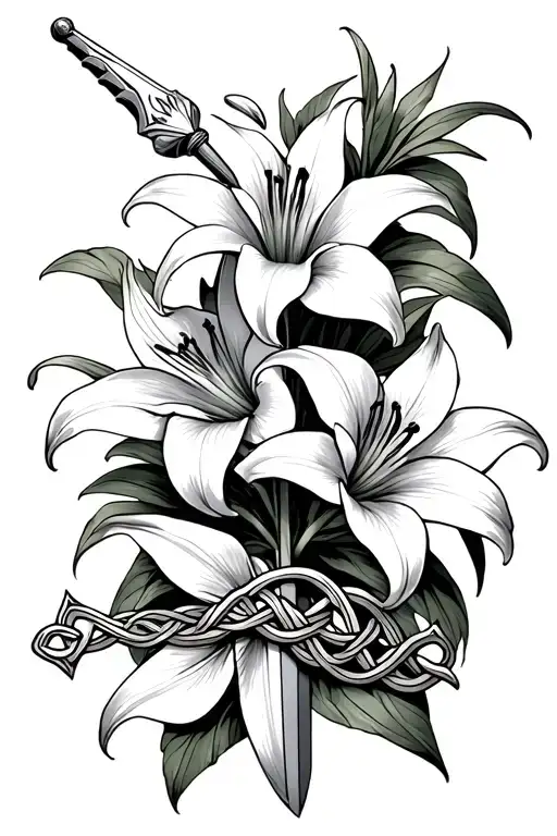 Stargazer Lilies Intertwined With A Dagger And Celtic Knots