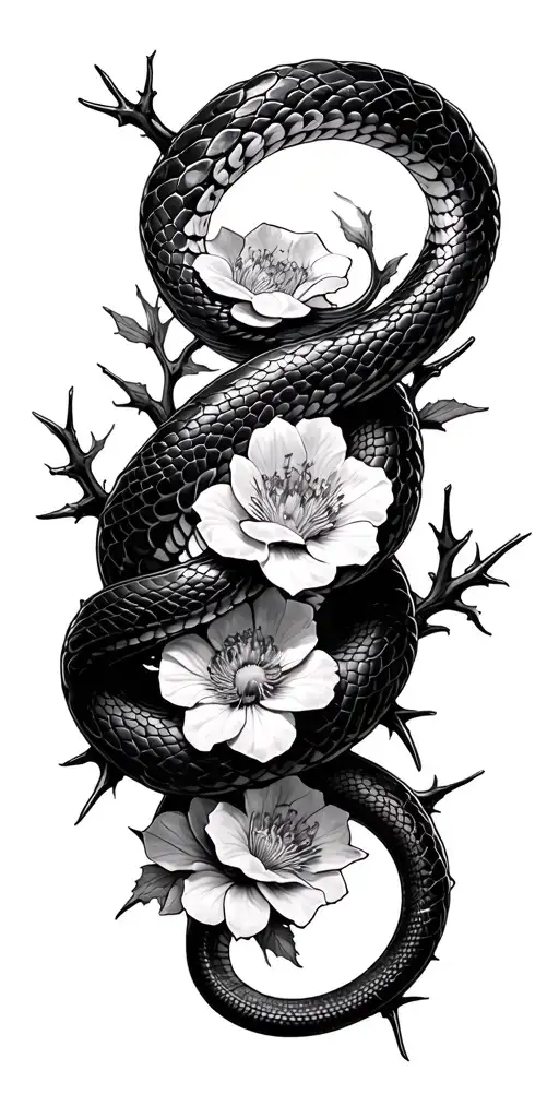 Snake Wrapped Around Thorns And Flowers Coming