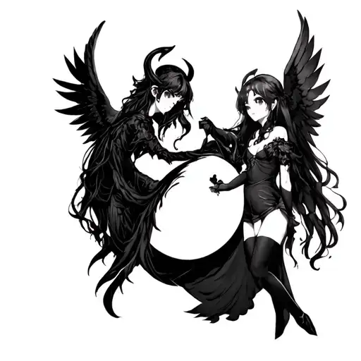 Anime Demon Girl And Anime Angel Girl In Ying And Yang Symbol
