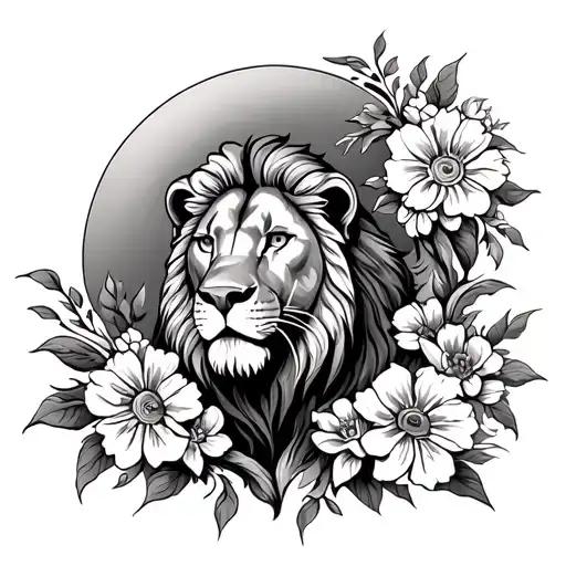 Lion In A Big Sun Facing With Flowers