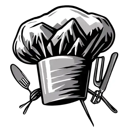 A Chef's Hat With Utensils And Mountains In The Background
