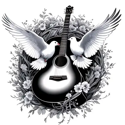 Two White Doves Flying Around Classical Guitar Intertwined