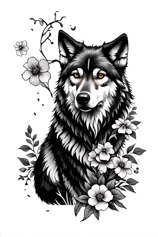 Simple Wolf And Flowers