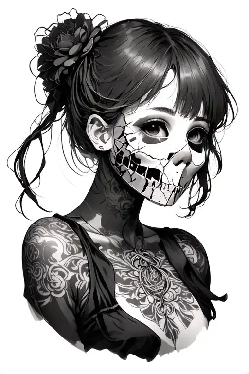 Anime Girl With A Broken Porcelain Mask