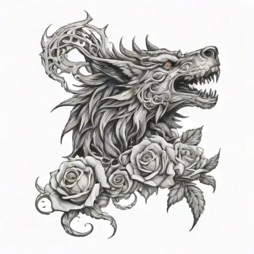 A Wolf Dragon Intertwined With A Skull Wearing Roses