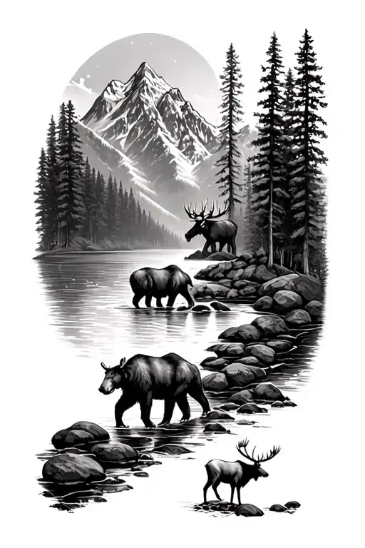 Mountain Forest With River A Bear And A Moose And A Elk