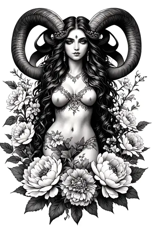 Aries Sexy Goddess Surrounded By Peony And Honeysuckle Flowers Growing
