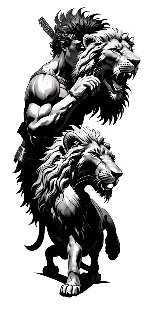 Lions And Roman Warrior Battling