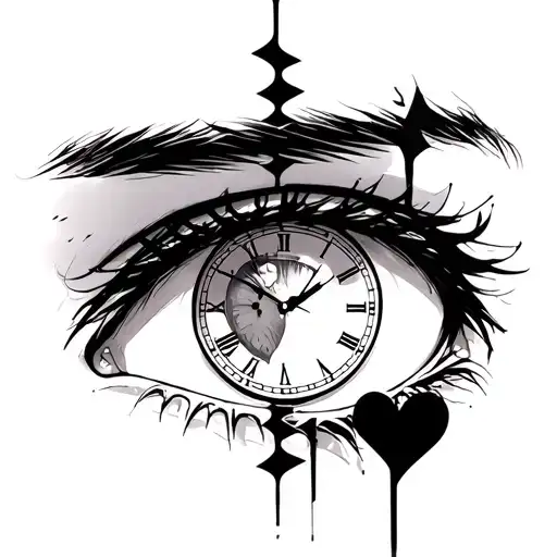 Clock Inside In Left Anime Eye And Broken Heart In Right Anime Eye