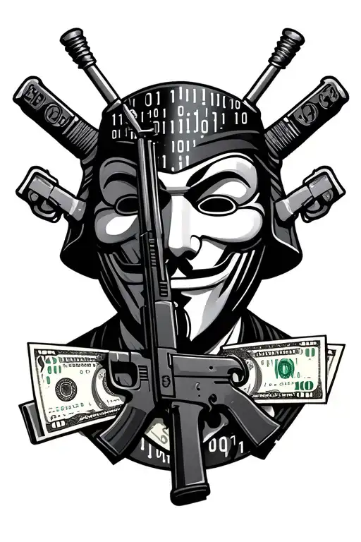 Anonymous Mask With Binary Codes And An Ak47 With Money And Hacking Tools