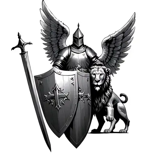 Crusader Knight With Sword And Shield And Angel Wings And A Lion