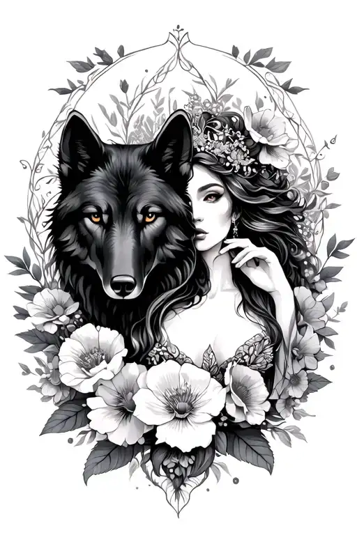 Aries Sexy Goddess Surrounded By Flowers And Black Wolf