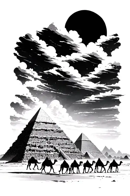 Pyramids With Camels Walking Under It With Dark Sterty Sky Above