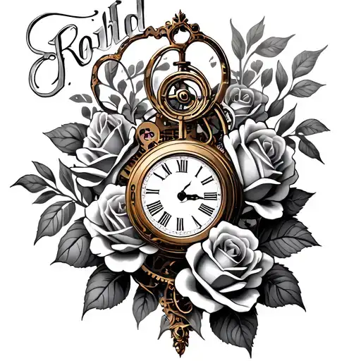 Name And Roses With Clock Mechanism Intertwined