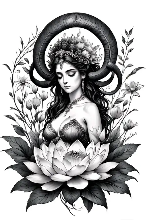 Aries Sexy Goddess Surrounded By Poeny And Lotus Flowers Growing