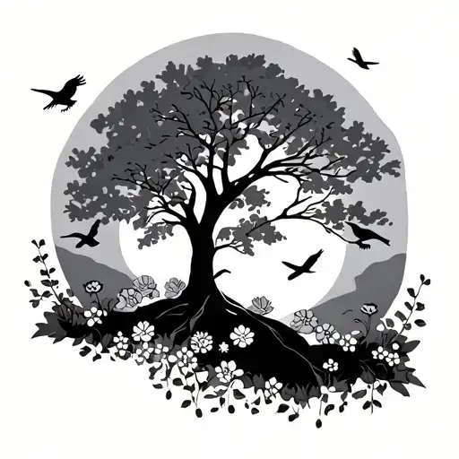 Trees With Birds And Sun And Flowers