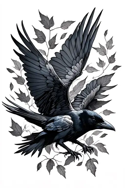 Raven Flying Leaves Falling
