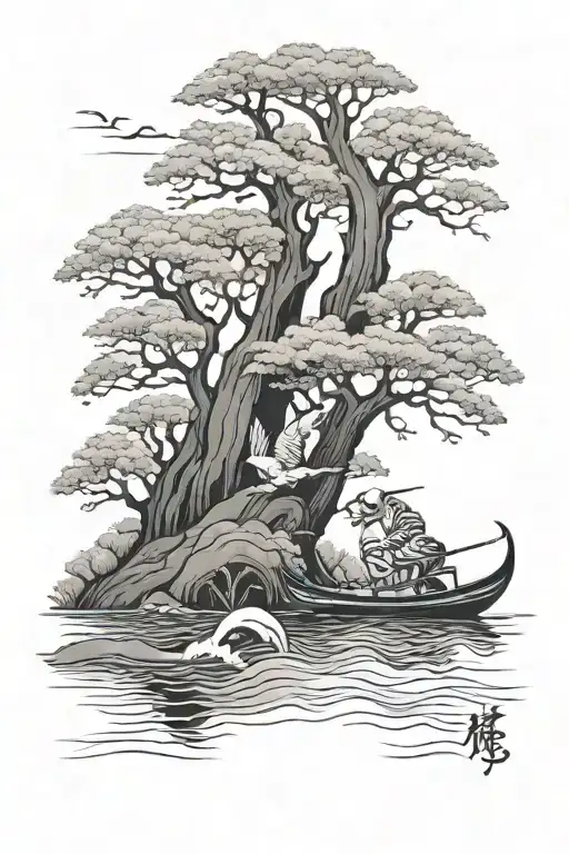 Tiger Crane Canoe Going Down River Trees