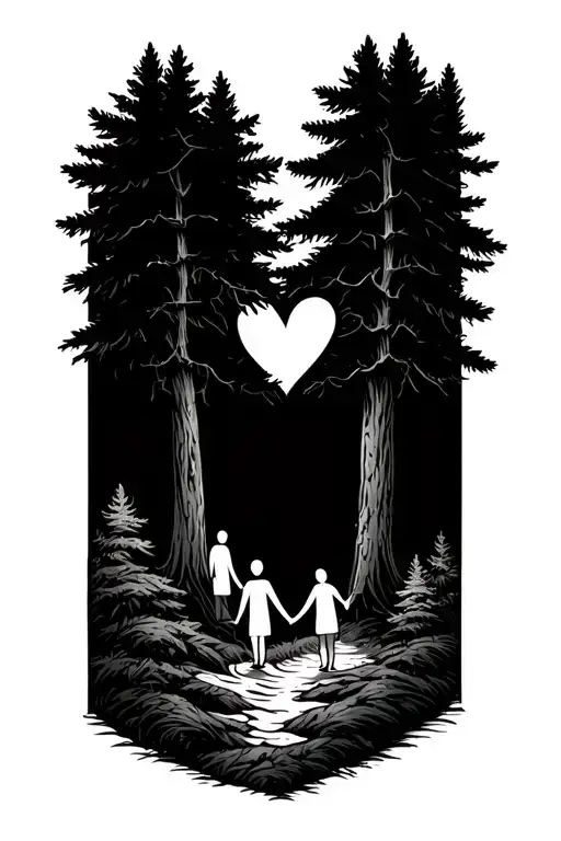 Trail Through Pine Trees Illusion Of A Heart Background Family Holding Hands