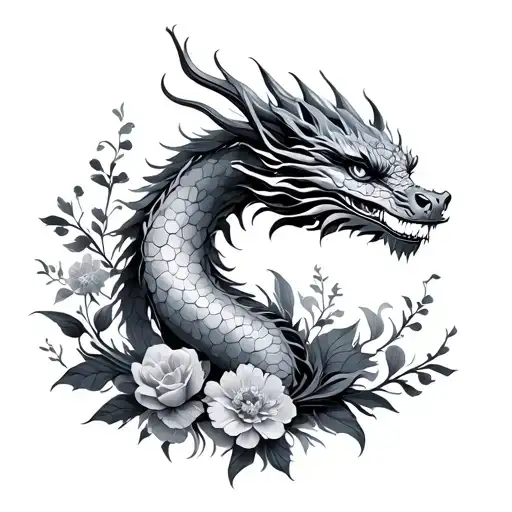 Femanine Dragon Surrounded By Floral