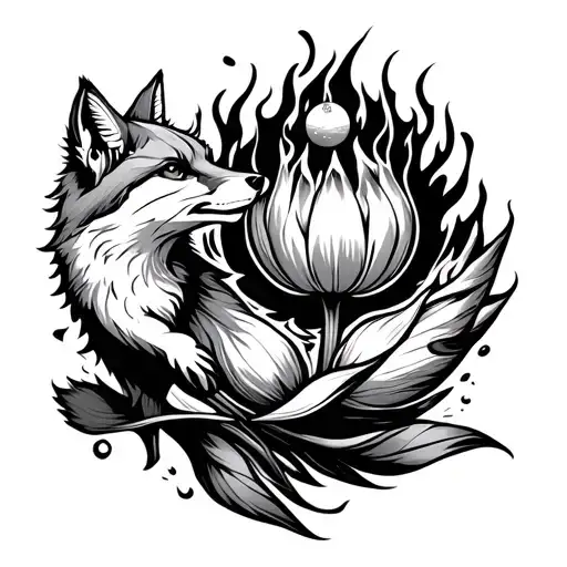 Fox Chasing A Ball Of Fire In A Circle Around A Giant Tulip