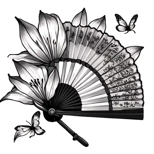 Chinese Fan With Lilly Flower With Butter Fly Away