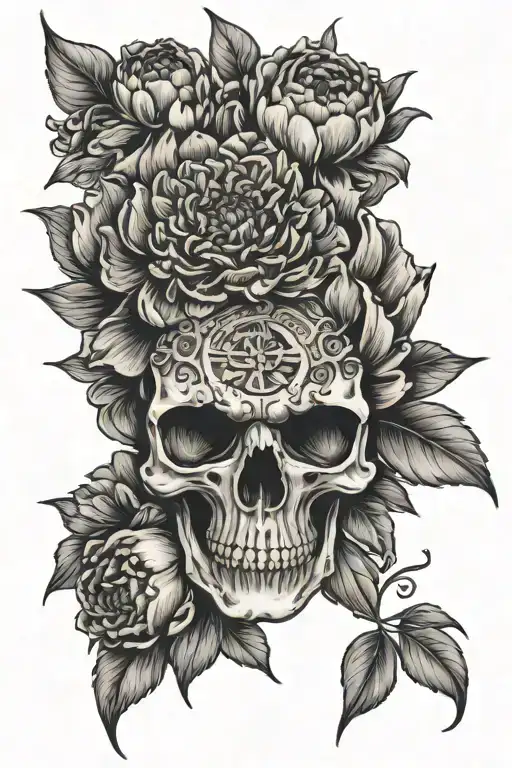 Skull Peony Clock With September Birth Flowers